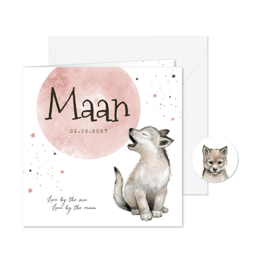 Geboortekaartje meisje wolf sterretjes maan waterverf - Kaartimpressie