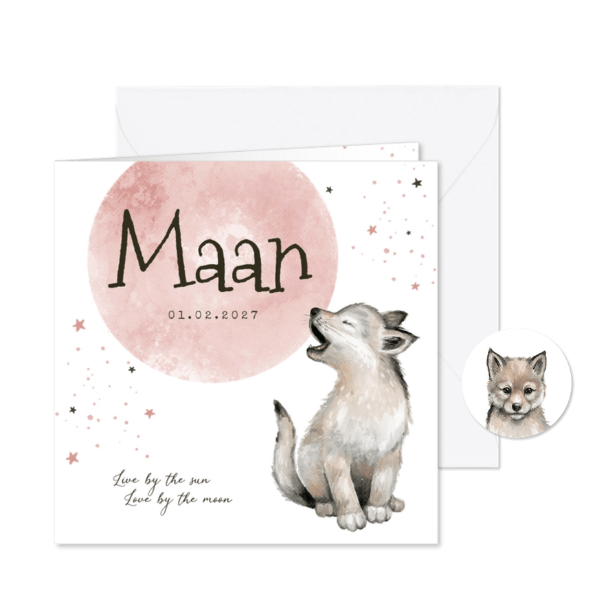 Geboortekaartje meisje wolf sterretjes maan waterverf - Kaartimpressie