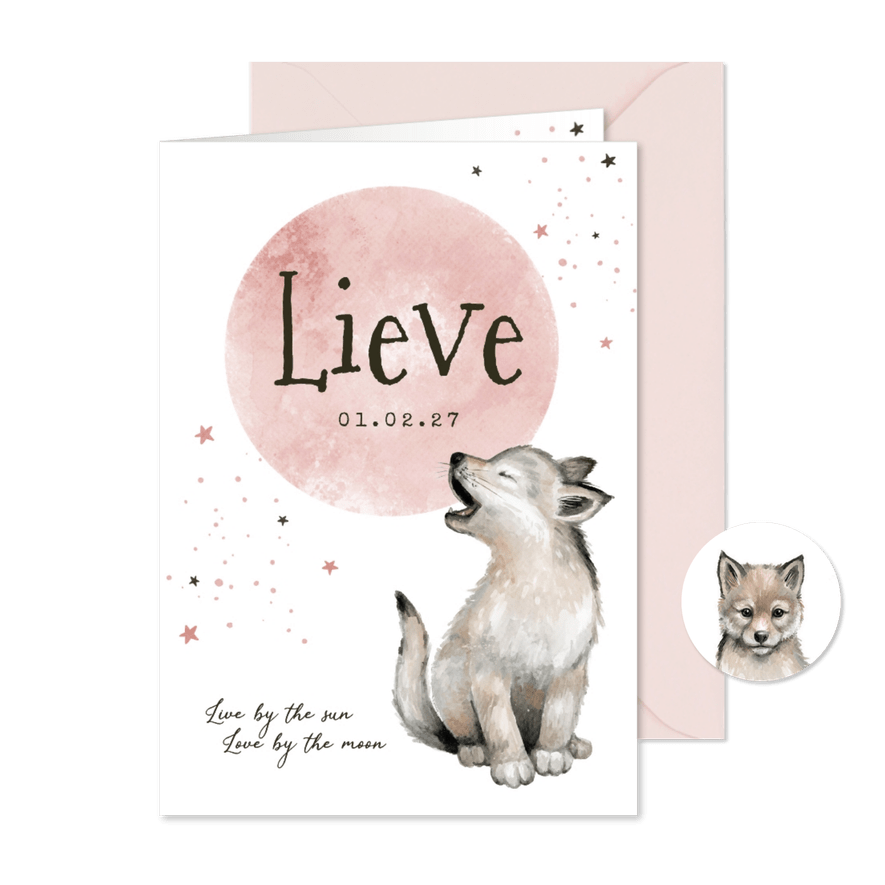Geboortekaartje meisje wolfje sterretjes maan waterverf - Kaartimpressie