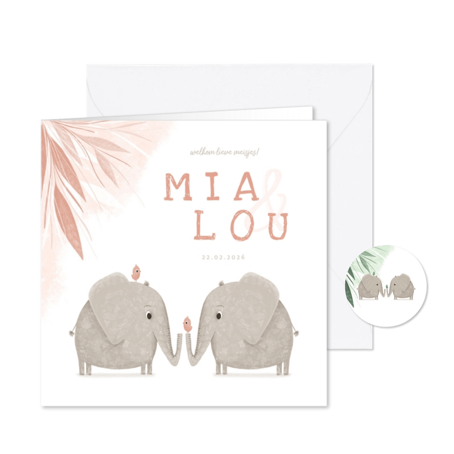 Geboortekaartje meisjes tweeling met olifantjes en vogels - Kaartimpressie