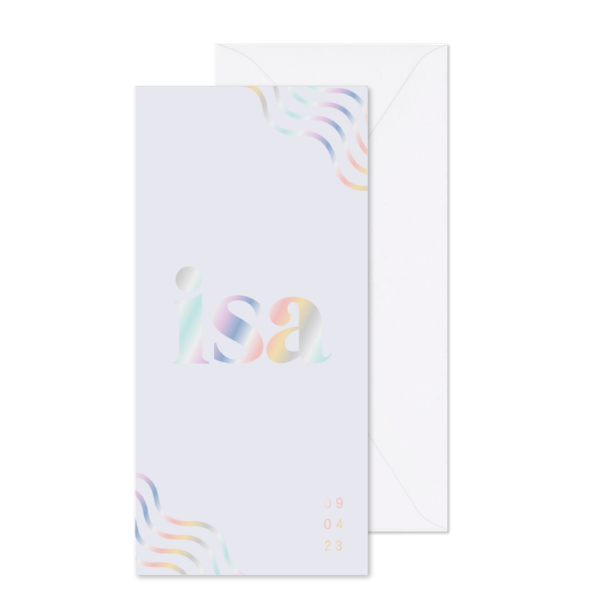 Geboortekaartje met abstracte lijnen en holografisch folie - Kaartimpressie