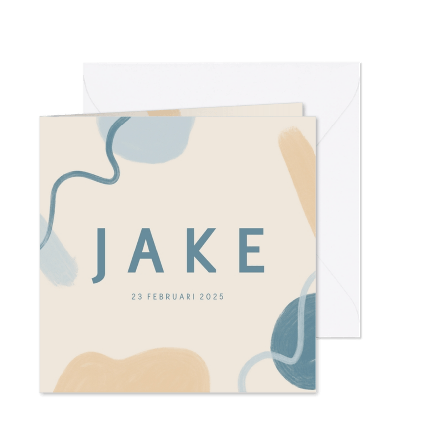 Geboortekaartje met abstracte schilderingen in blauw beige - Kaartimpressie