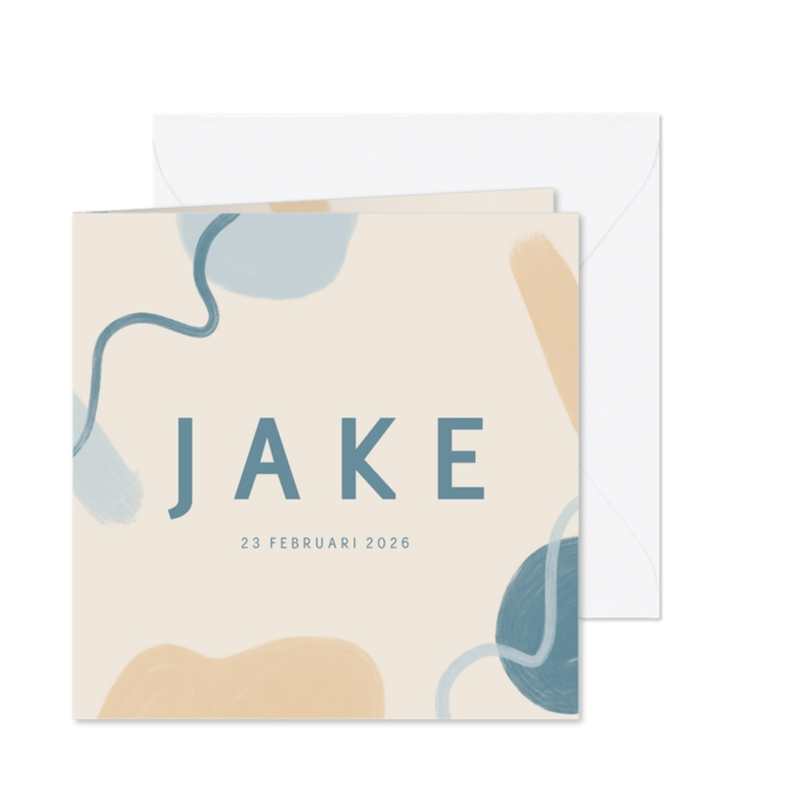 Geboortekaartje met abstracte schilderingen in blauw beige - Kaartimpressie