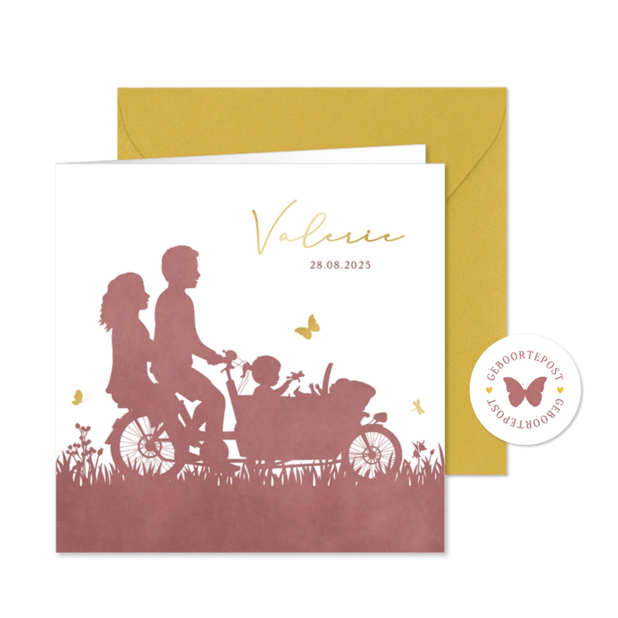 Geboortekaartje met bakfiets met grote zus en klein zusje - Kaartimpressie