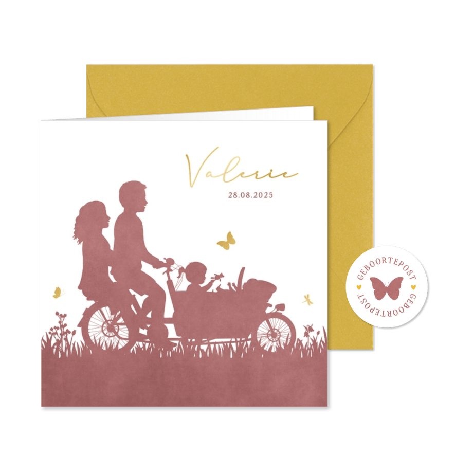 Geboortekaartje met bakfiets met grote zus en klein zusje - Kaartimpressie