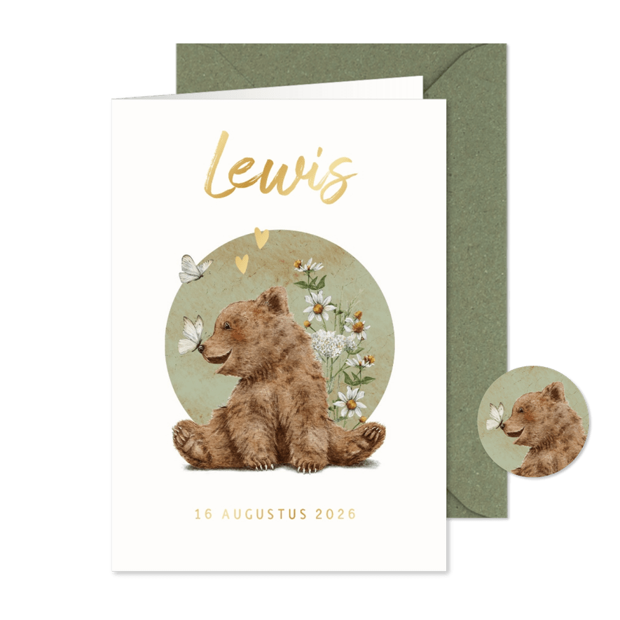 Geboortekaartje met beertje en vlinder tussen de bloemen - Kaartimpressie