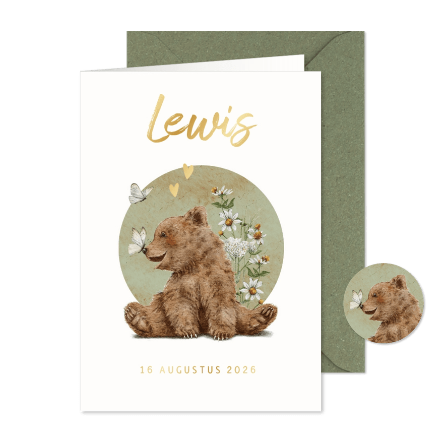 Geboortekaartje met beertje en vlinder tussen de bloemen - Kaartimpressie