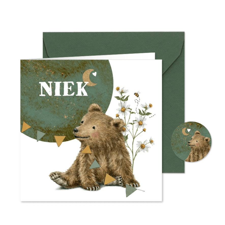 Geboortekaartje met beertje onder de maan - Kaartimpressie