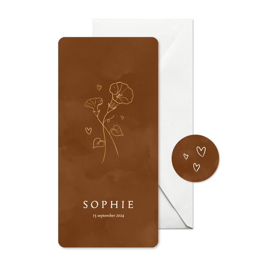 Geboortekaartje met birth flower van september dagbloem goud - Kaartimpressie