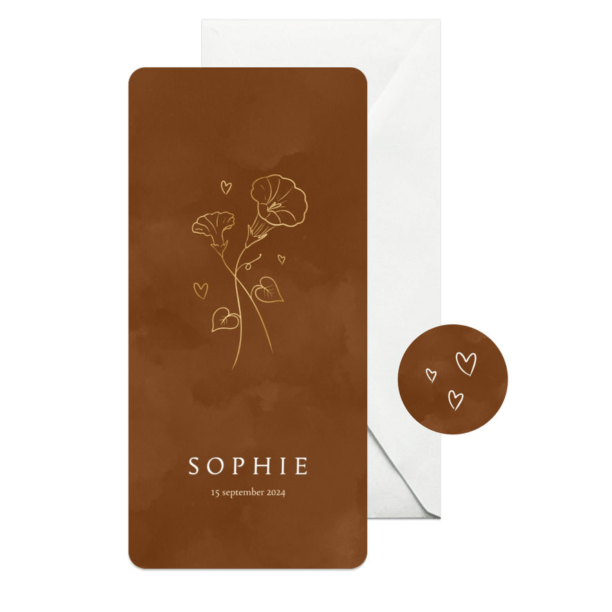 Geboortekaartje met birth flower van september dagbloem goud - Kaartimpressie