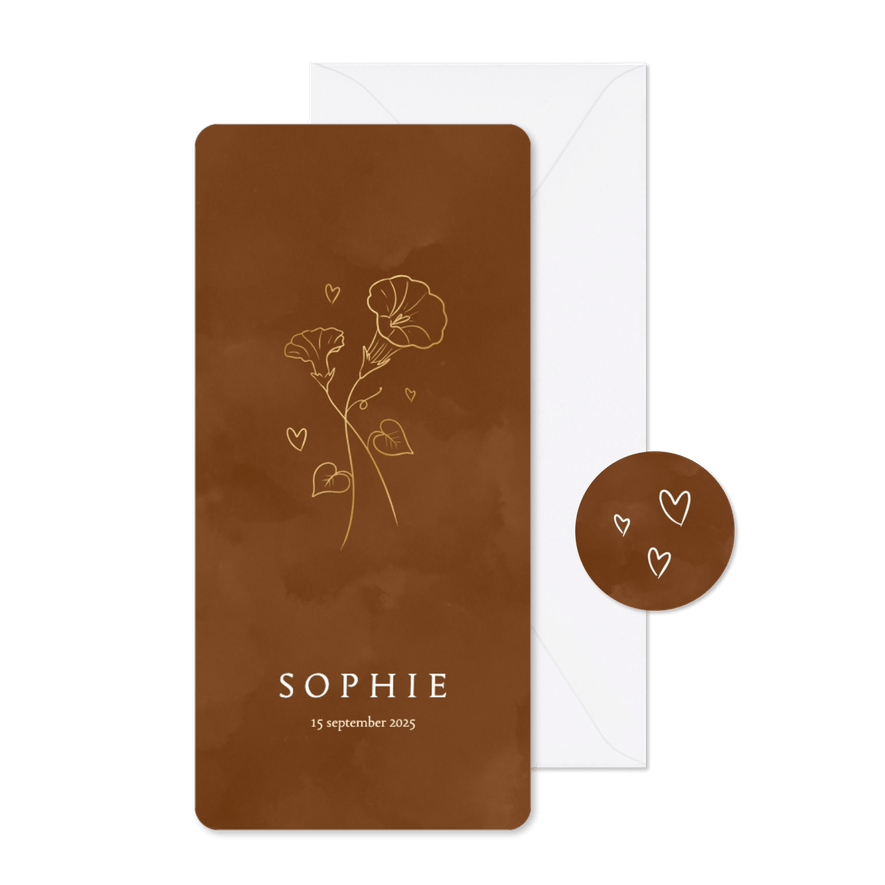 Geboortekaartje met birth flower van september dagbloem goud - Kaartimpressie