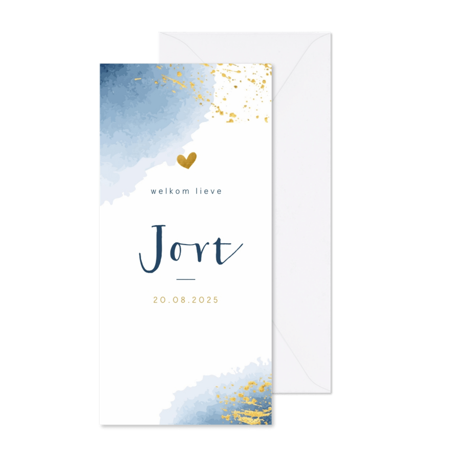 Geboortekaartje met blauwe waterverf en goudspetters - Kaartimpressie