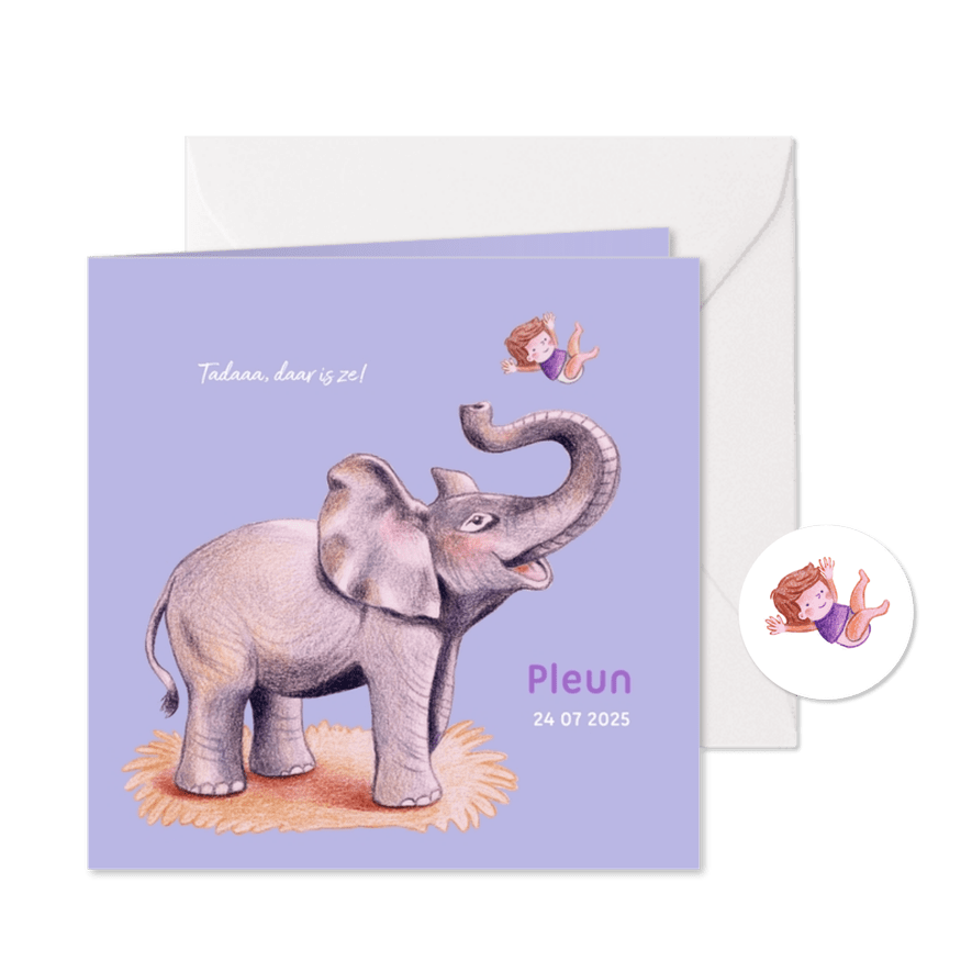 Geboortekaartje met blije olifant en meisje - Kaartimpressie