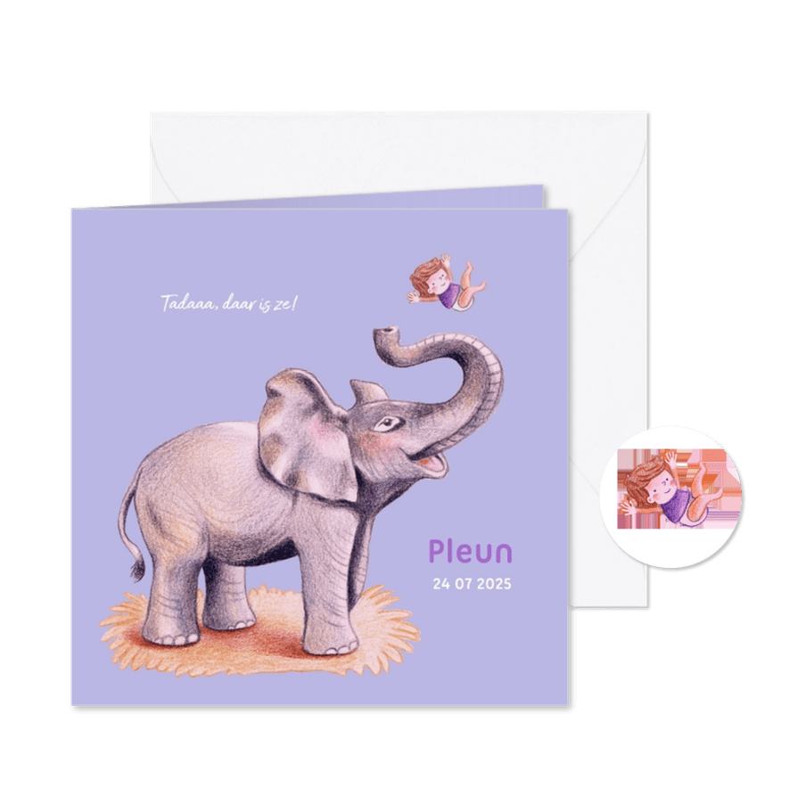Geboortekaartje met blije olifant en meisje - Kaartimpressie