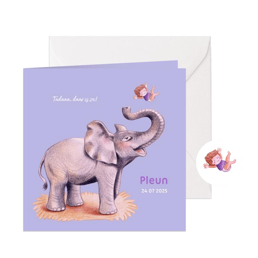 Geboortekaartje met blije olifant en meisje - Kaartimpressie