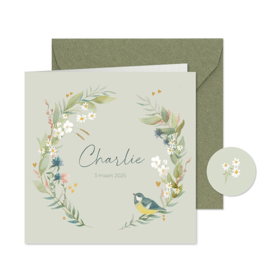 Geboortekaartje met bloemen en pimpelmeesje - Kaartimpressie