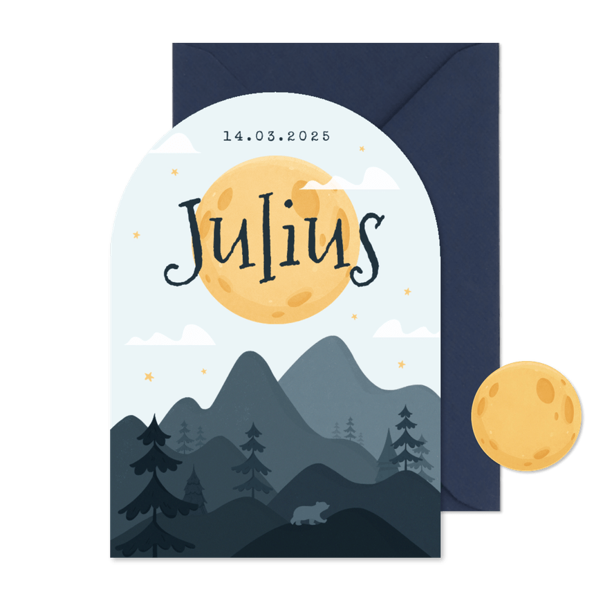 Geboortekaartje met boog landschap bergen beer maan - Kaartimpressie
