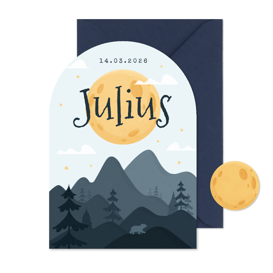 Geboortekaartje met boog landschap bergen beer maan - Kaartimpressie