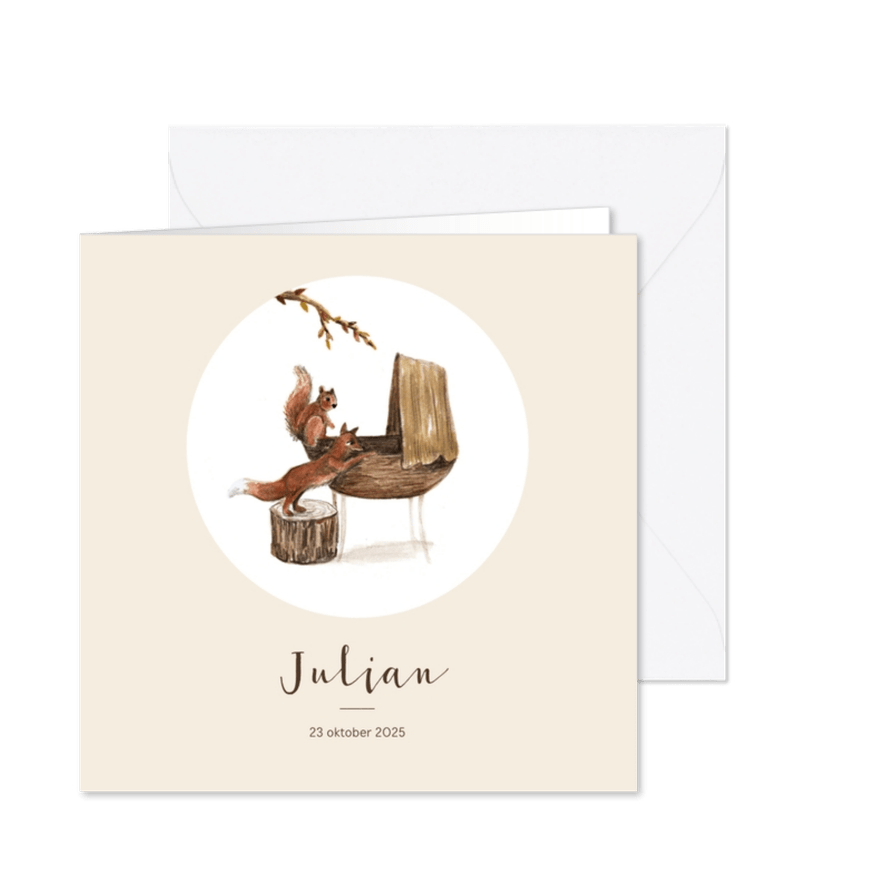 Geboortekaartje met bosdieren van wiegje illustratie - Kaartimpressie