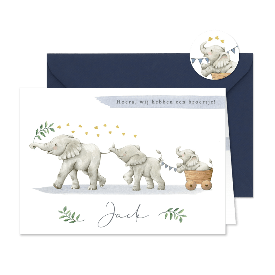 Geboortekaartje met drie olifantjes in een vrolijke stoet! - Kaartimpressie
