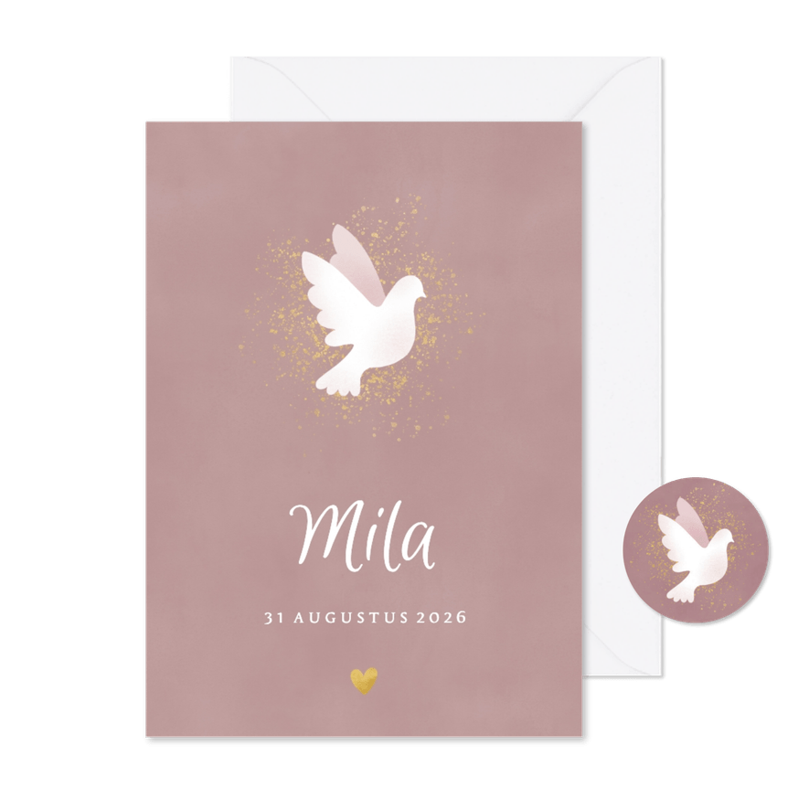 Geboortekaartje met duifjes, waterverf en gouden spetters - Kaartimpressie
