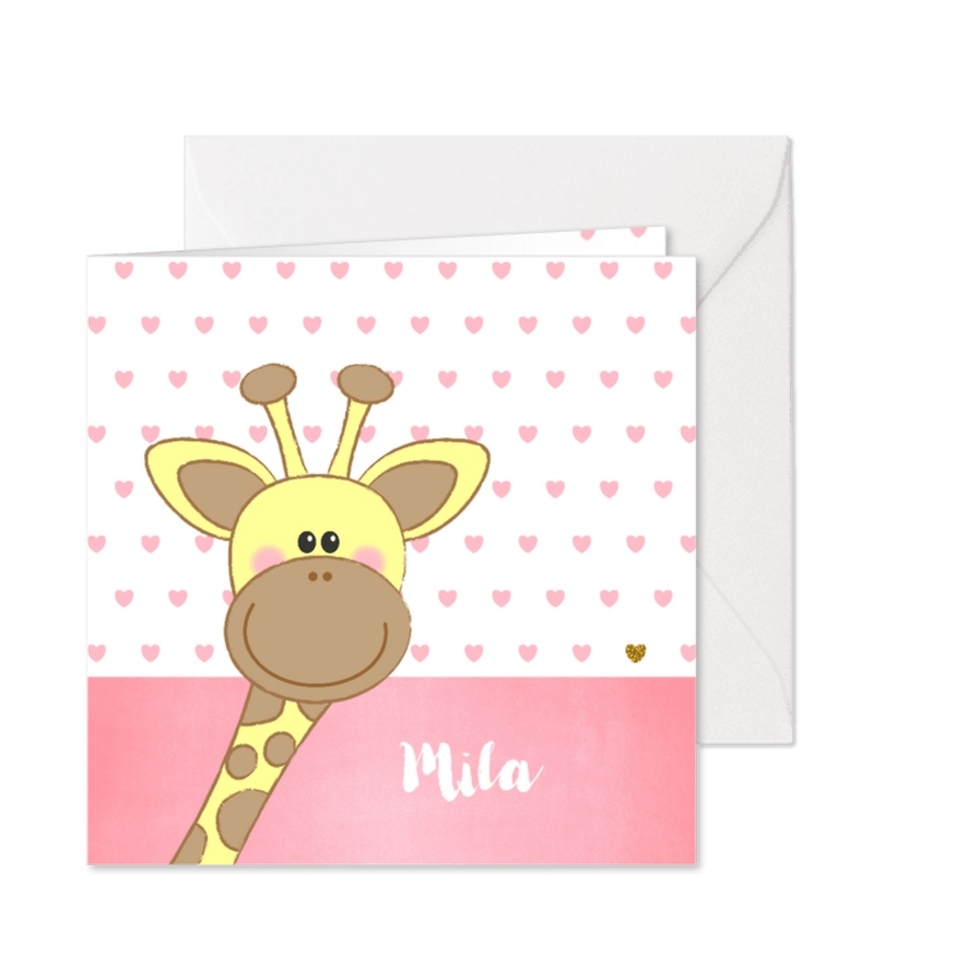 Geboortekaartje met een lief girafje en roze hartjes - Kaartimpressie