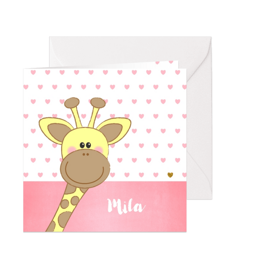 Geboortekaartje met een lief girafje en roze hartjes - Kaartimpressie