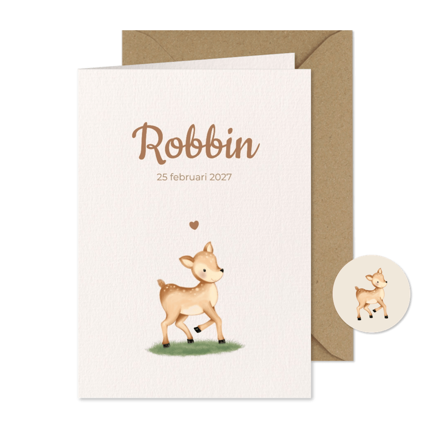 Geboortekaartje met een lief hertje in het gras - Kaartimpressie