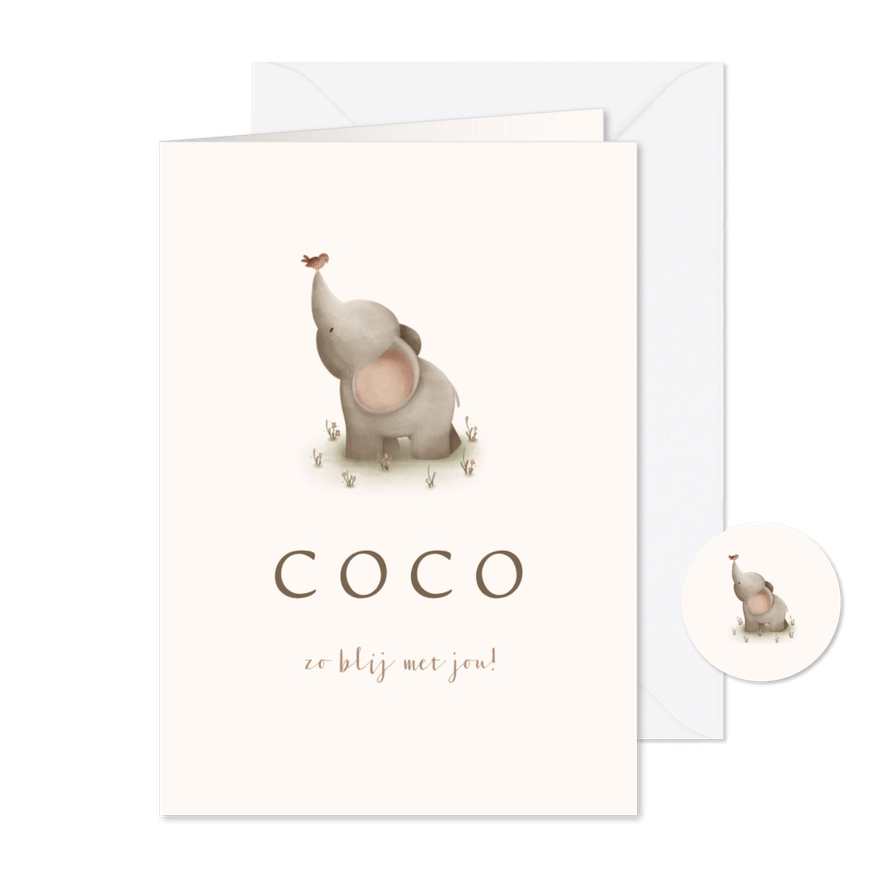 Geboortekaartje met een lief olifantje en roze vogel - Kaartimpressie