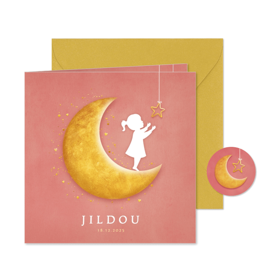 Geboortekaartje met een silhouet van een meisje op de maan  - Kaartimpressie