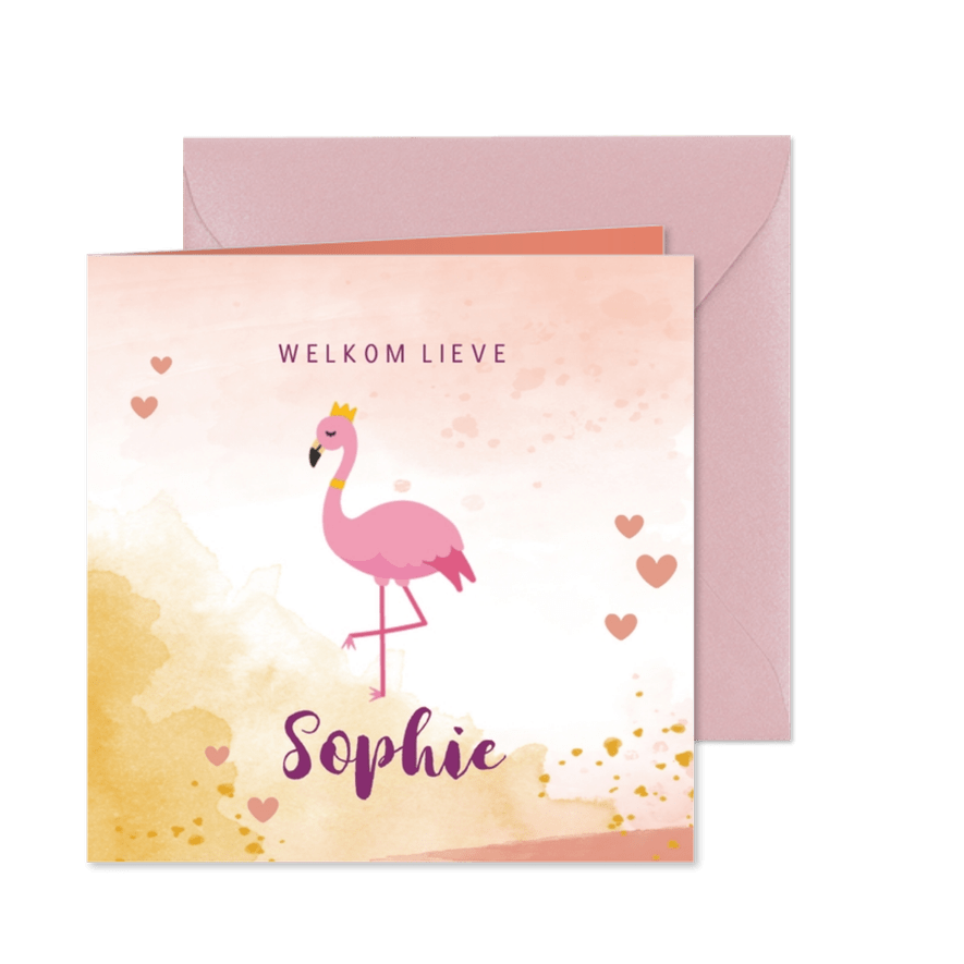 Geboortekaartje met flamingo illustratie en waterverf  - Kaartimpressie