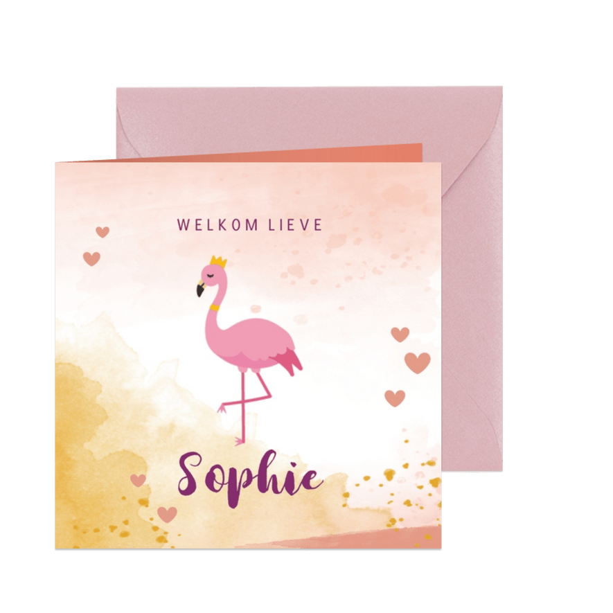 Geboortekaartje met flamingo illustratie en waterverf  - Kaartimpressie