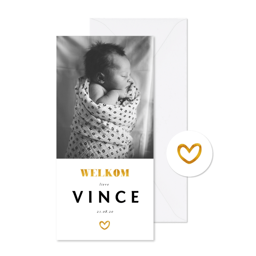 Geboortekaartje met foto en gouden accenten langwerpig - Kaartimpressie