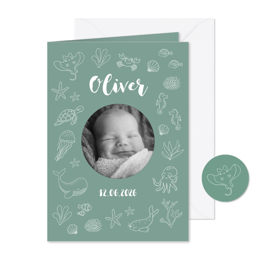 Geboortekaartje met foto en zeedieren - Kaartimpressie