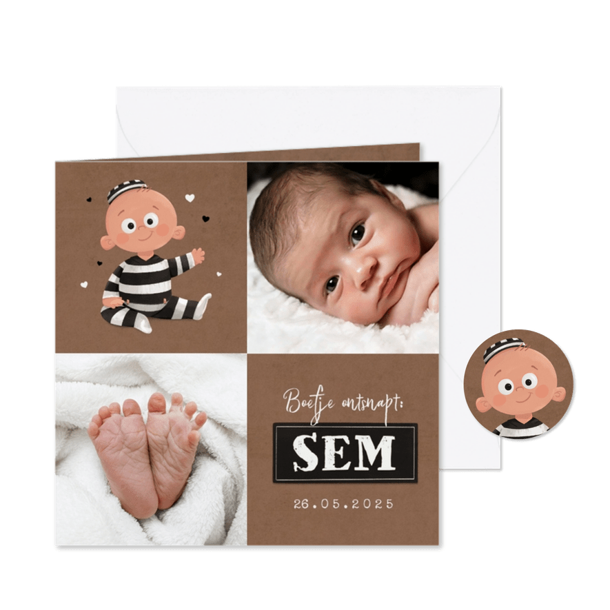 Geboortekaartje met foto lief babyboefje stoer crimineel - Kaartimpressie