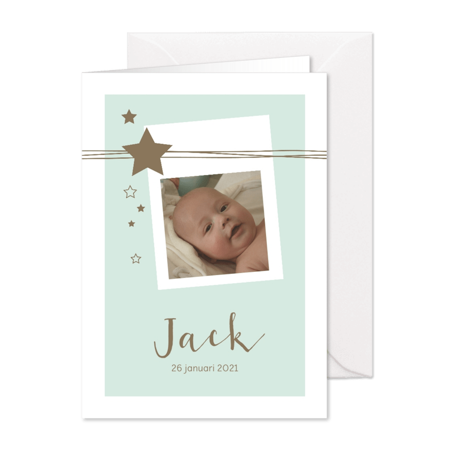 Geboortekaartje met foto, lijnen, sterren voor een jongen - Kaartimpressie