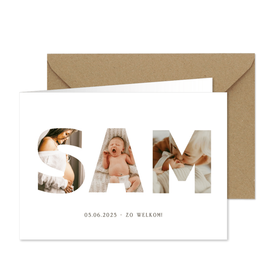 Geboortekaartje met foto's in letter van de naam - Kaartimpressie