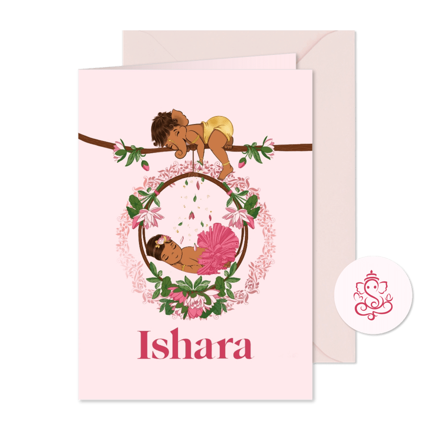 Geboortekaartje met Ganesha en baby meisje in wieg - Kaartimpressie