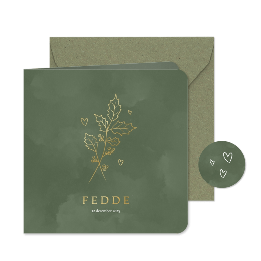 Geboortekaartje met geboortebloem december hulst goudfolie - Kaartimpressie