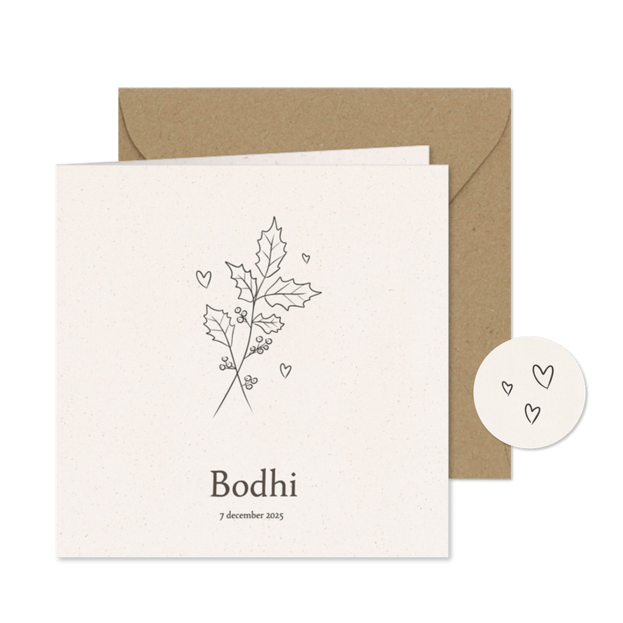 Geboortekaartje met geboortebloem hulst voor december  - Kaartimpressie