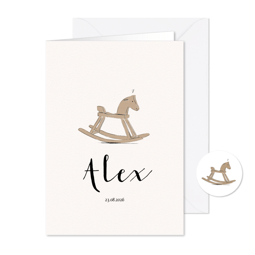 Geboortekaartje met geillustreerd hobbelpaardje - Kaartimpressie