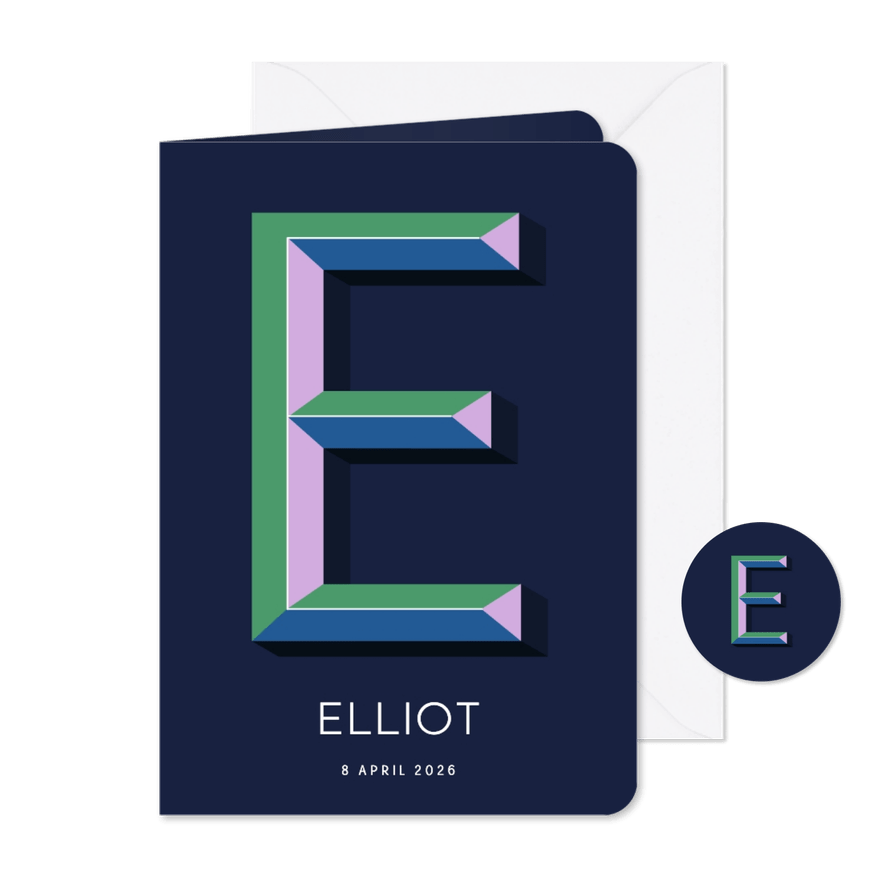 Geboortekaartje met gekleurde 3d letter E blauw - Kaartimpressie
