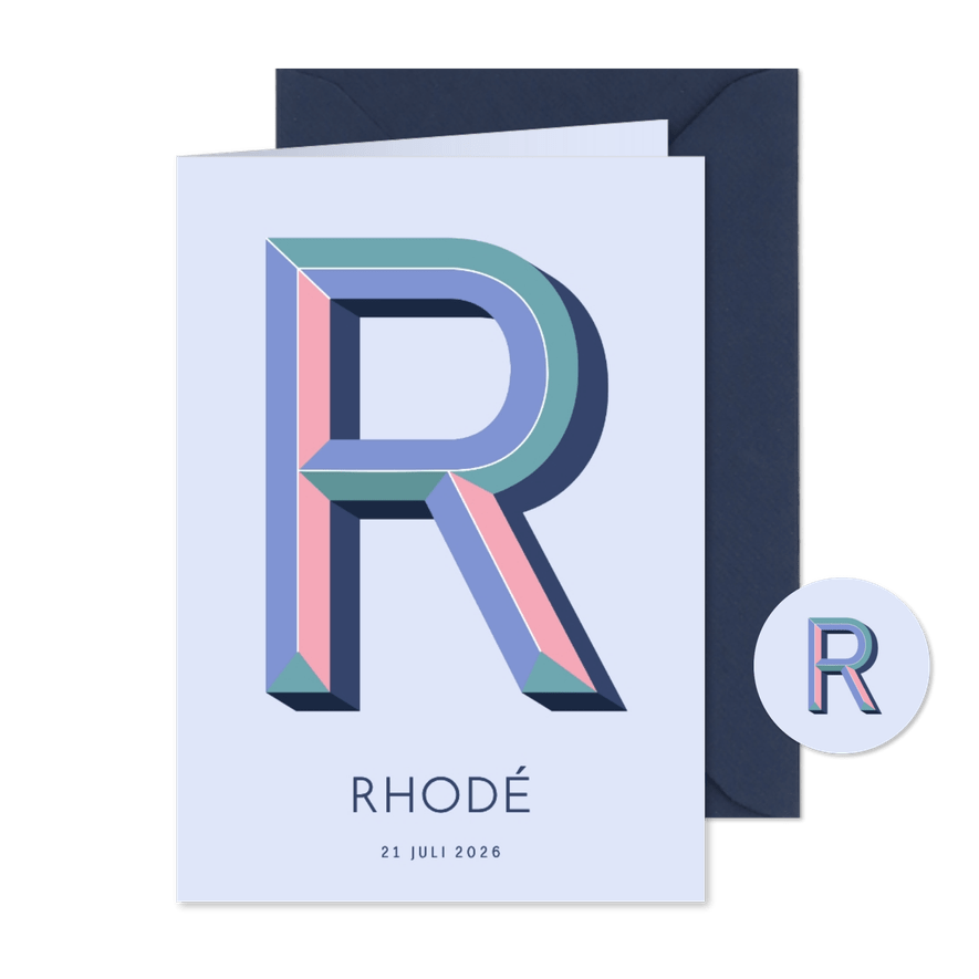 Geboortekaartje met gekleurde 3d letter R teal roze - Kaartimpressie