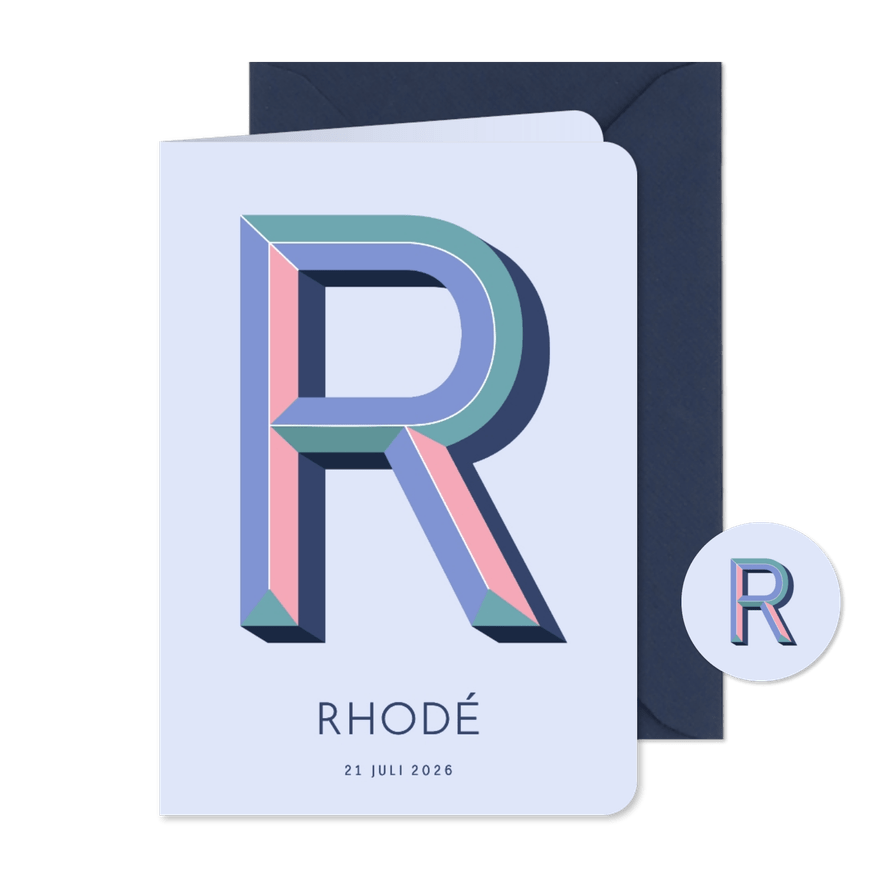 Geboortekaartje met gekleurde 3d letter R teal roze - Kaartimpressie