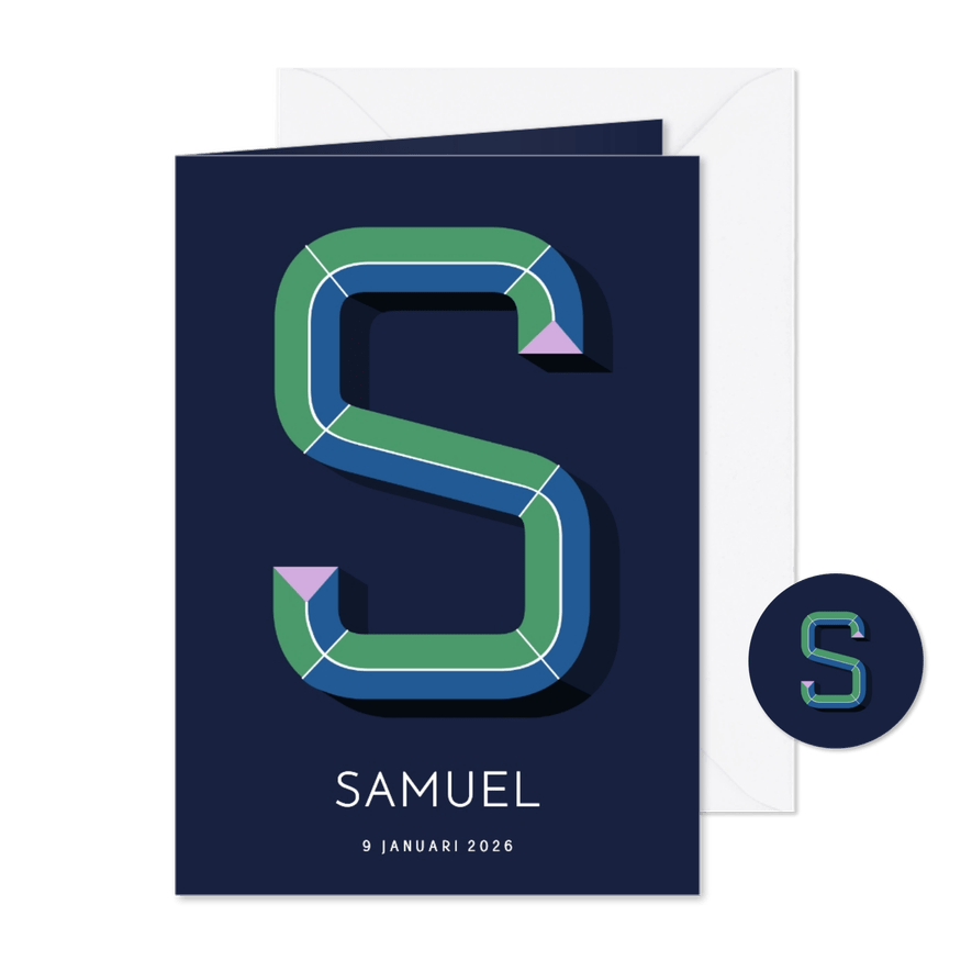 Geboortekaartje met gekleurde 3d letter S blauw paars - Kaartimpressie