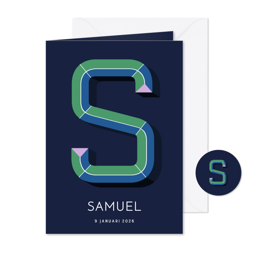 Geboortekaartje met gekleurde 3d letter S blauw paars - Kaartimpressie