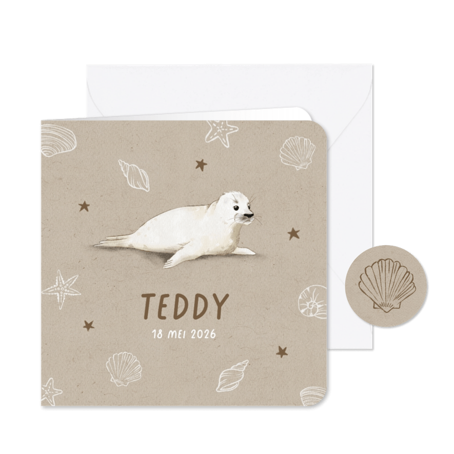 Geboortekaartje met getekend zeehondje en schelpen - Kaartimpressie