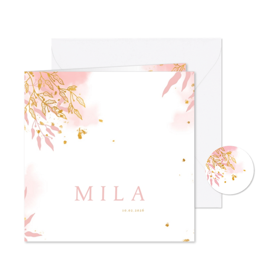 Geboortekaartje met gouden bladeren en waterverf stijlvol - Kaartimpressie