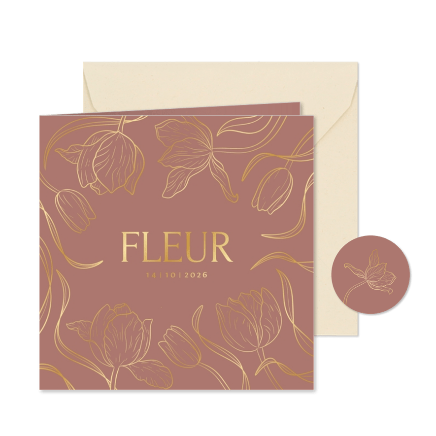 Geboortekaartje met gouden bloemen kader vintage roest rood - Kaartimpressie