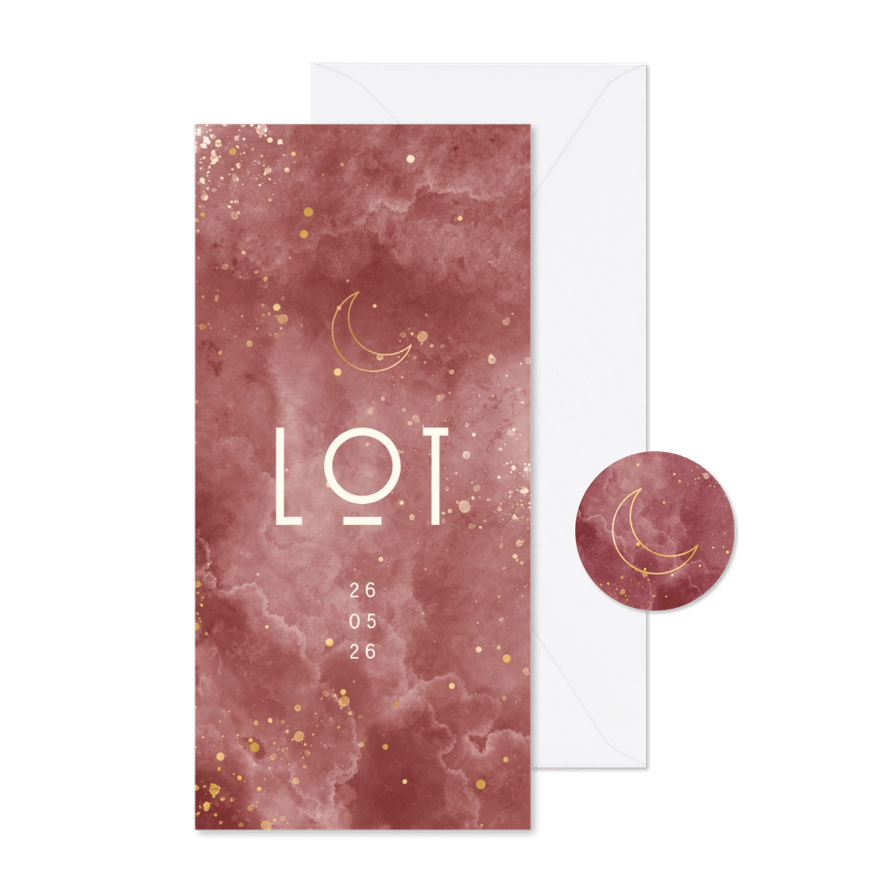 Geboortekaartje met gouden maan en waterverf wolkjes  - Kaartimpressie